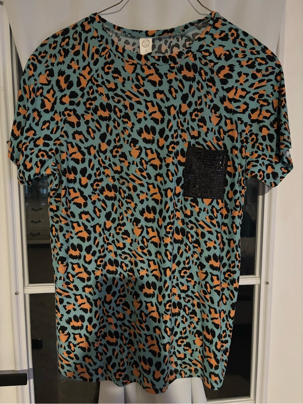 Teal Leopard Print Short Sleeve Blouse with Sequin Pocket